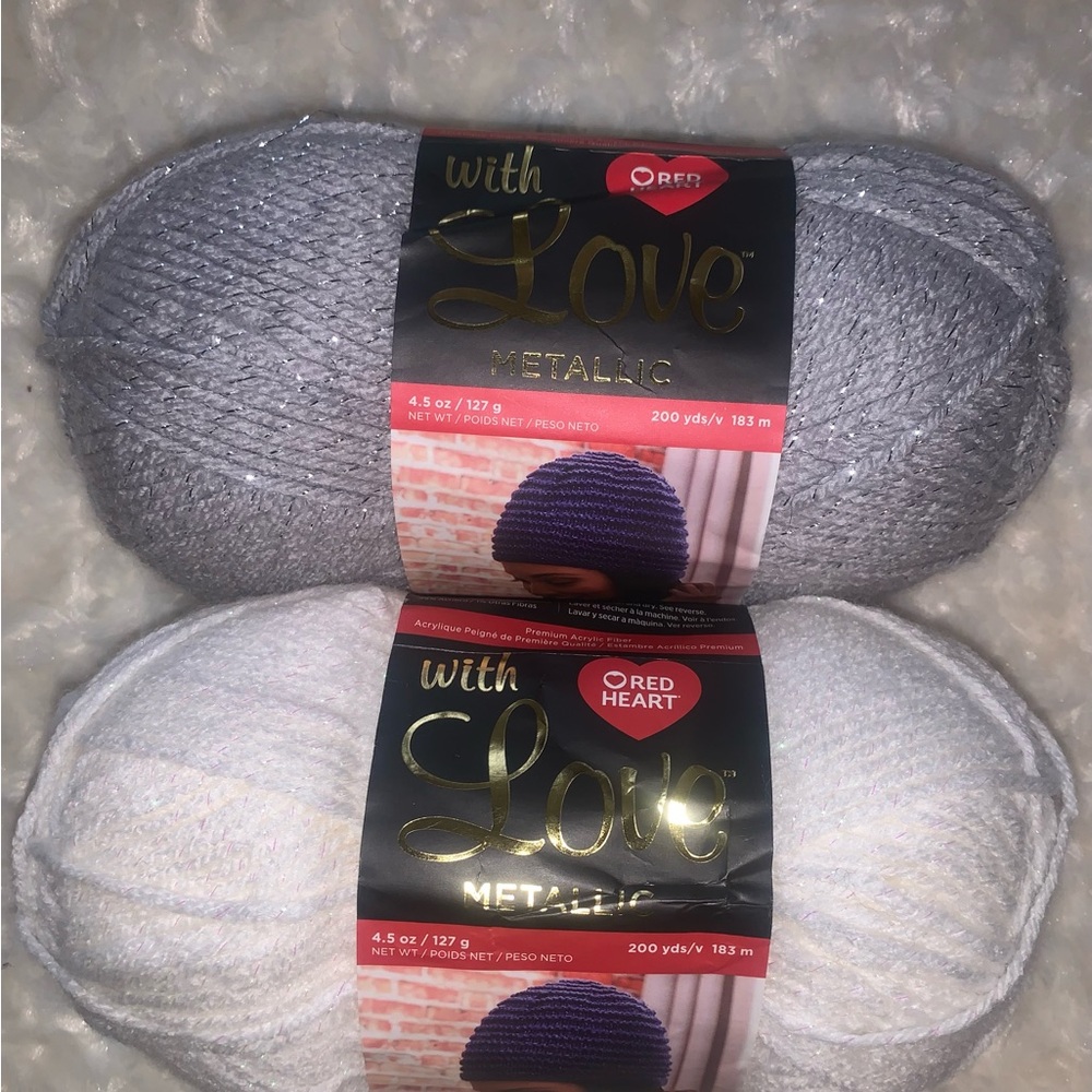 2 Red Heart With Love Metallic Yarn Olive Skeins 200yds Gray & White